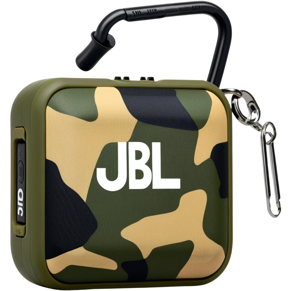 JBL Go Clip 4 portable speaker with camouflage colors and carabiner clip emoji