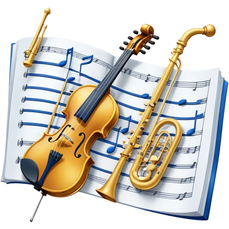 Create an artistic emoji that represents music arrangement and orchestration. The design should feature various orchestral instruments (drums, violin, electric guitar, synthesizer) and conductor's baton, musical scores. Incorporate flowing lines to represent harmony and orchestral balance, along with a subtle representation of sheet music. Use rich, classical colors like gold, silver, or deep blue, and create an atmosphere of sophistication and precision. The background should be transparent. emoji
