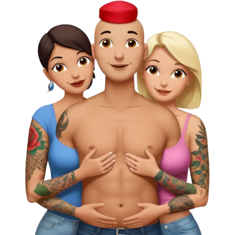 throuple tattooed sleeves bbald male with topless naked big boobed brunette and topless naked big boobed blonde girlfriends  lovingl  and sexy polygamy hott emoji
