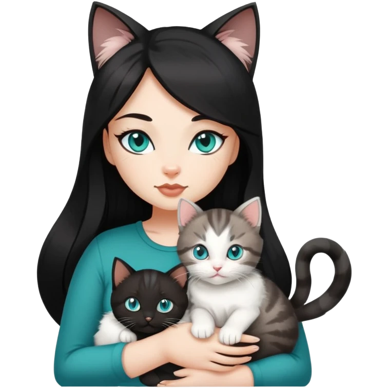 Hot curvy woman, teal eyes, eyelashes, long hair, with super cute kitten, she is white with brown hair, black top, the cat is a brown and grey tabby emoji