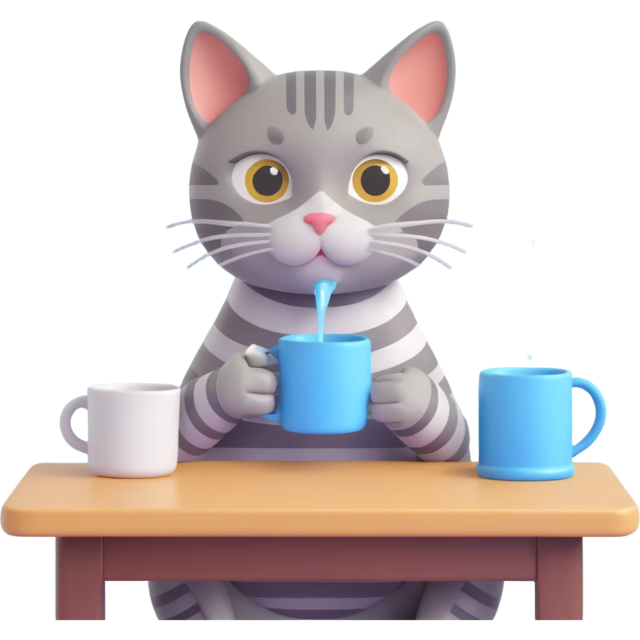 A gray striped cat sitting at a table drinking water from a mug without a visible water stream emoji