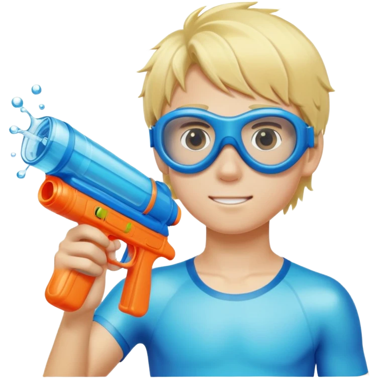 Blond 18 year old boy, wearing swim goggles and holding a water gun emoji