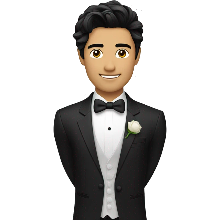 "A handsome Asian groom with messy black hair, wearing a black tuxedo." emoji