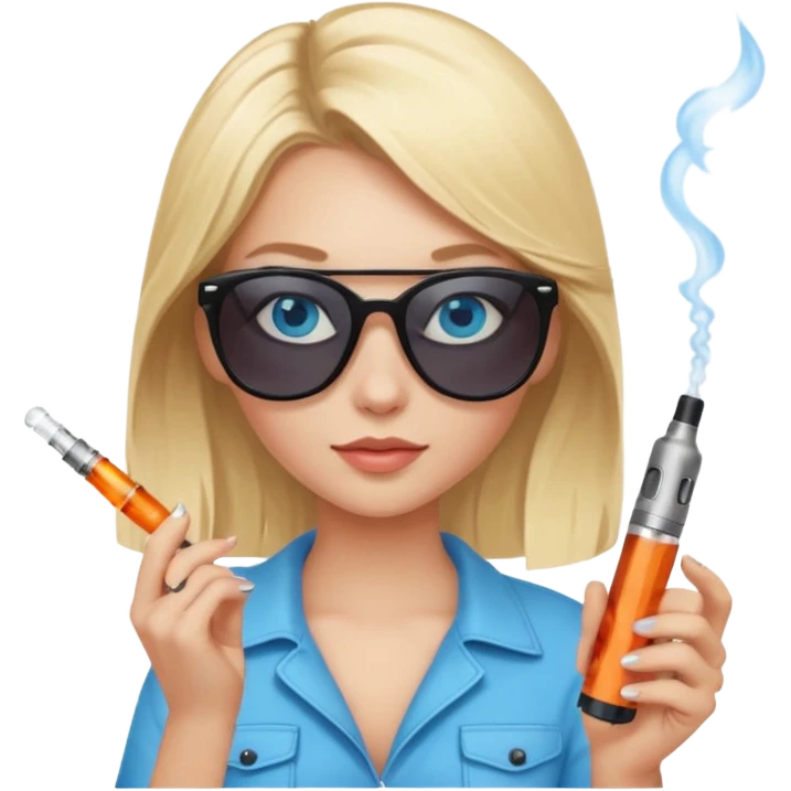 Blonde girl blue eyes a vape in her hand and sunglasses her head emoji