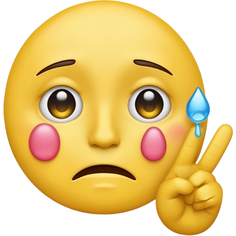 Yellow face emoji with pout with tears in eyes and holding up a peace sign emoji