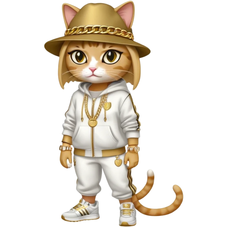 female cat wearing Run DMC hip-hop outfit with tracksuit, fedora, Adidas sneakers, many gold chains, rings, bracelets, flashy earrings, eyes averted, talking to a friend, no sunglasses emoji
