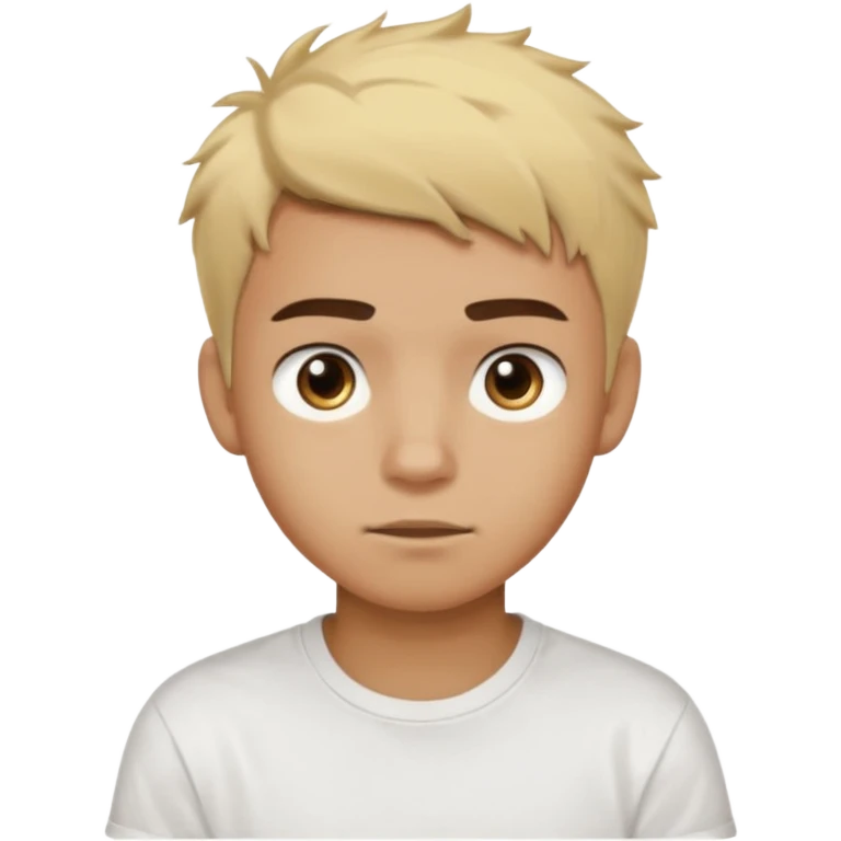 Short buzz, messy blonde hair. Dark brown bushy eyebrows large expressive golden-brown eyes, wearing a plain white t-shirt. Male Teenager. light Dark Brown skin color.  emoji