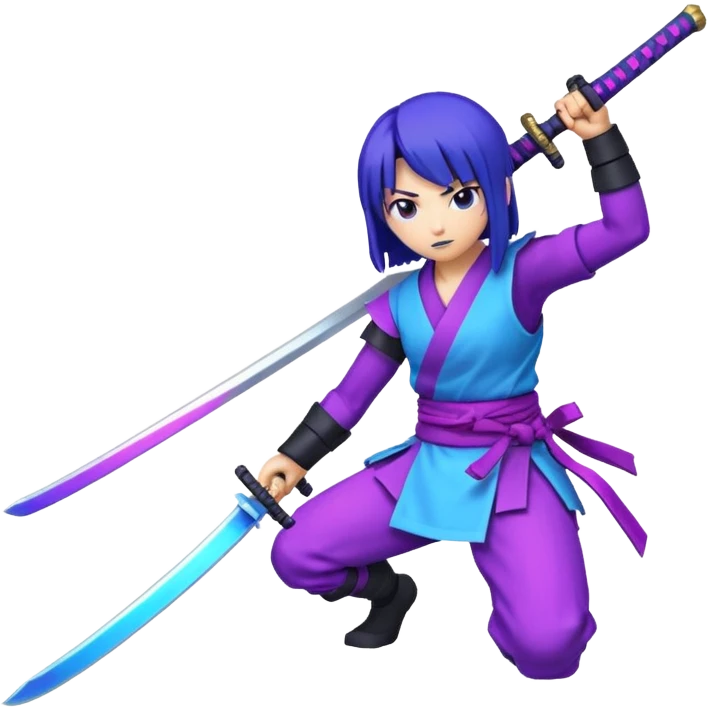 Animated emote: Katana breaking into pixels (purple/blue glitch effect). Loopable 3-frame animation. Minimalist, no background. emoji