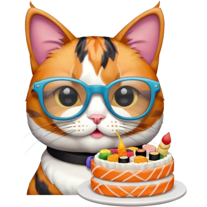 cat with cool square glasses eating a birthday cake made out of sushi emoji