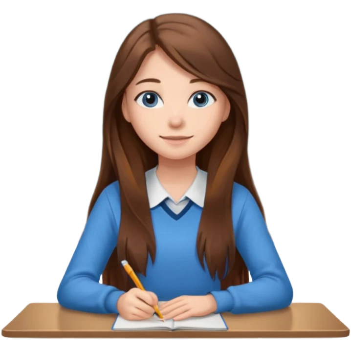 high school class room with a pretty female high school student with long brown hair, blue eyes sitting in front of the blackboard emoji