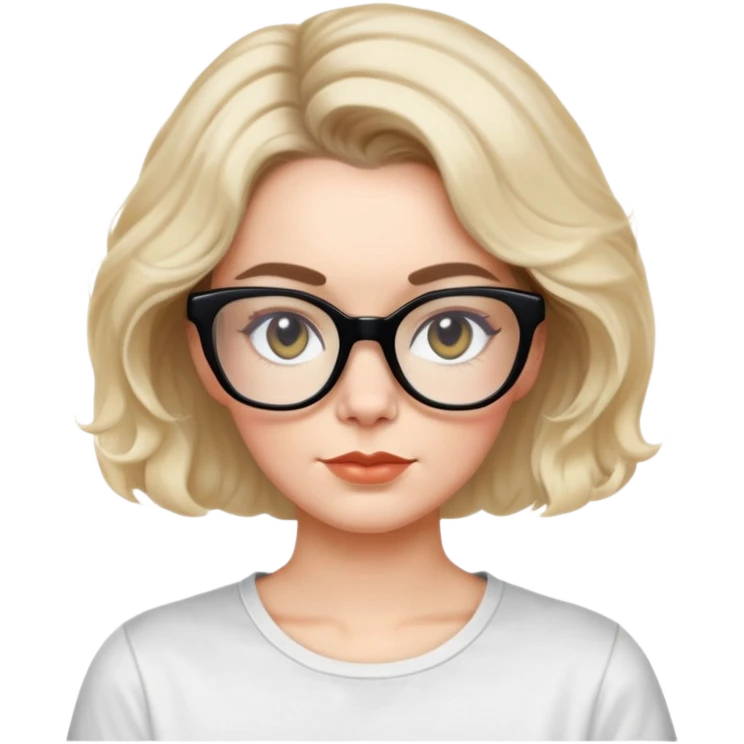 white woman about 50 years old with light warm skin, wide face, black wavy neck-length 80s short hair, low volume, neutral expression, large black shiny butterfly or cat-eye glasses, white casual t-shirt emoji