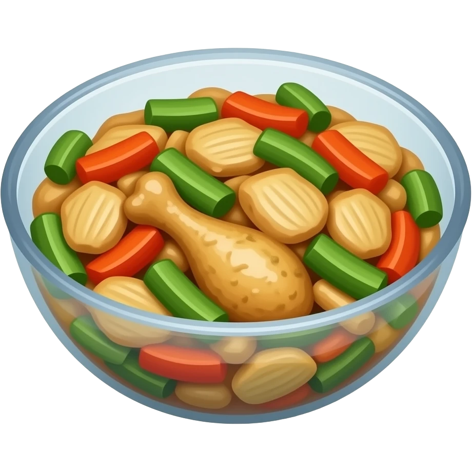 verduras salteadas con pollo, serividas en un bowl transparente emoji