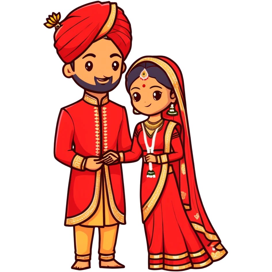 Indian bride and groom on their wedding day, bride in decorative red wedding outfit with gold details, groom in elegant sherwani, both fair-skinned, groom has no facial hair emoji