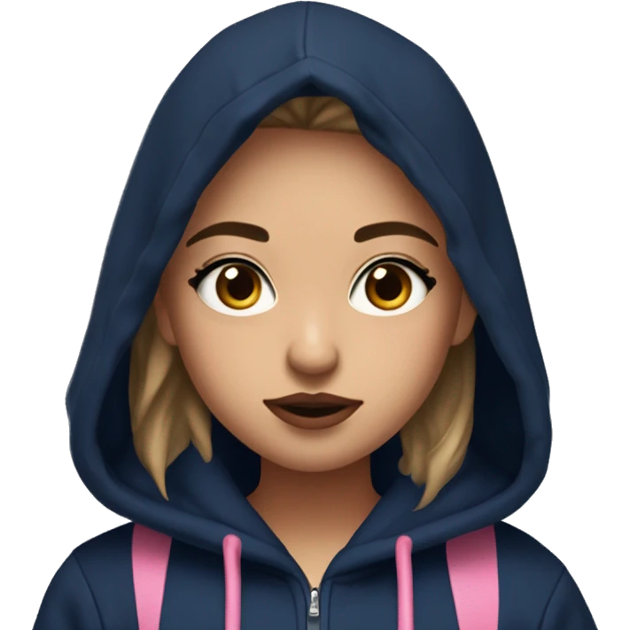 A giner girl with lashes ans brown eyes confused and wearing a navy blue hoddie with light skin and pink lips and she has a parooy on her shoulders emoji