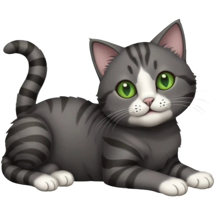 solid dark grey cat with green eyes, fully grey face, white toes/paws playfully rolling upside down emoji