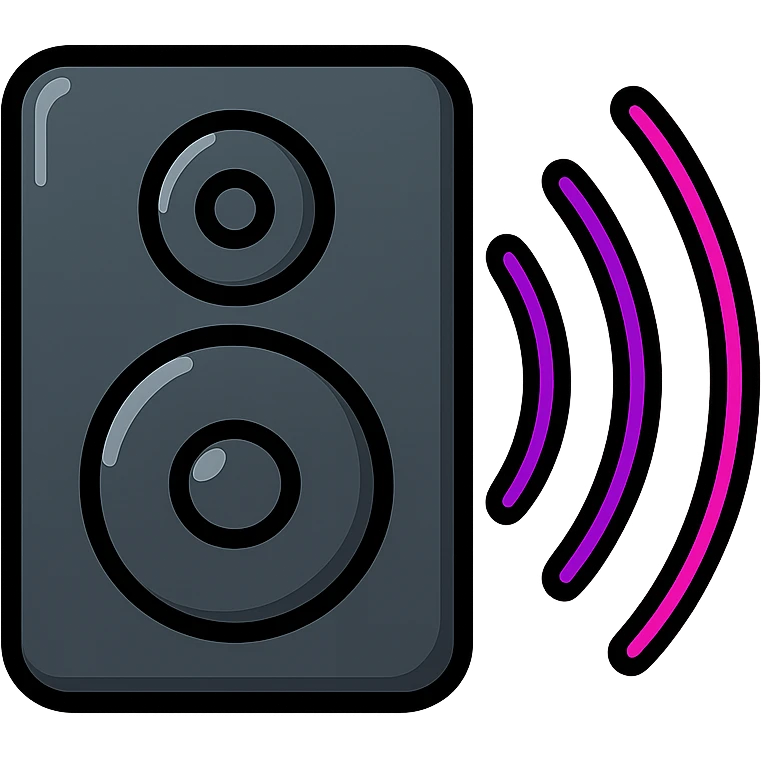 dark sleek metal speaker with subtle shine, sound waves in purple to pink gradient with neon effect emoji