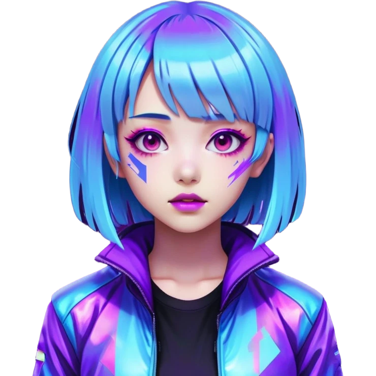 Cyberpunk Japanese girl with neon blue wig, holographic jacket, digital glitches effect, dark background with purple glow, iOS app icon style emoji