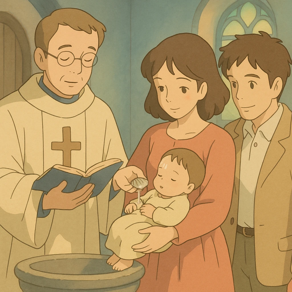 Christian baptism scene, gentle pastel colors, ghibli style emoji