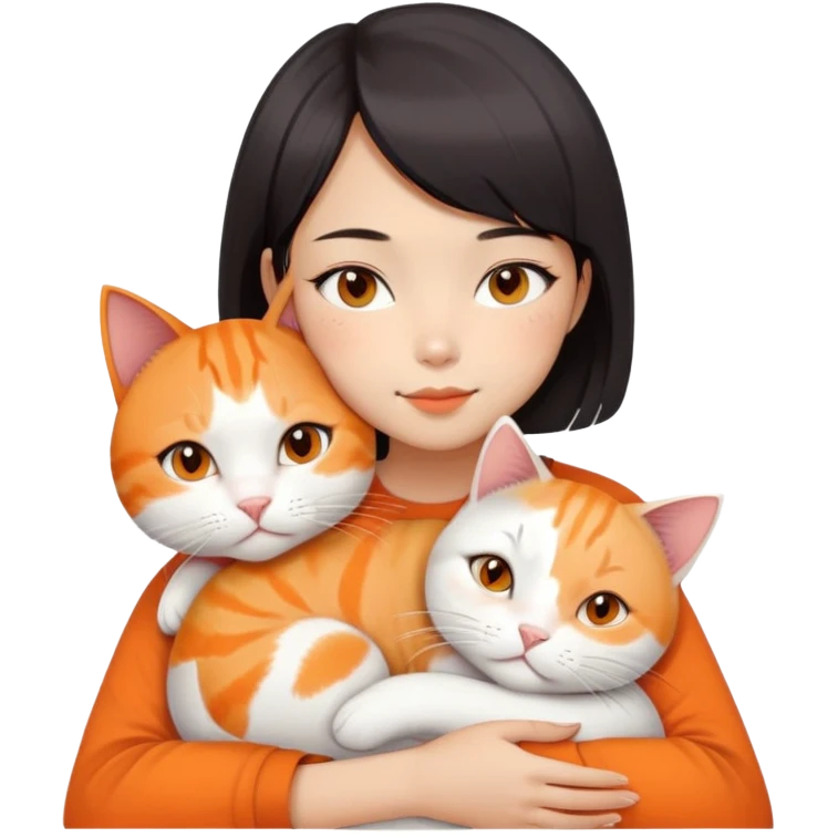 Oriental Asian girl with short bob haircut snuggling with an orange and white cat, cat is mostly white with orange patches, the girl is holding the cat lovingly emoji