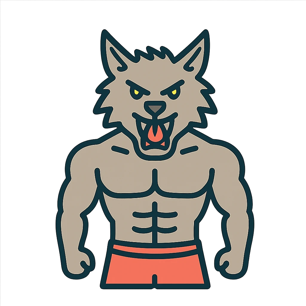 Make the werewolf body builder less muscular, with more lean muscles, and have him wearing shorts. emoji