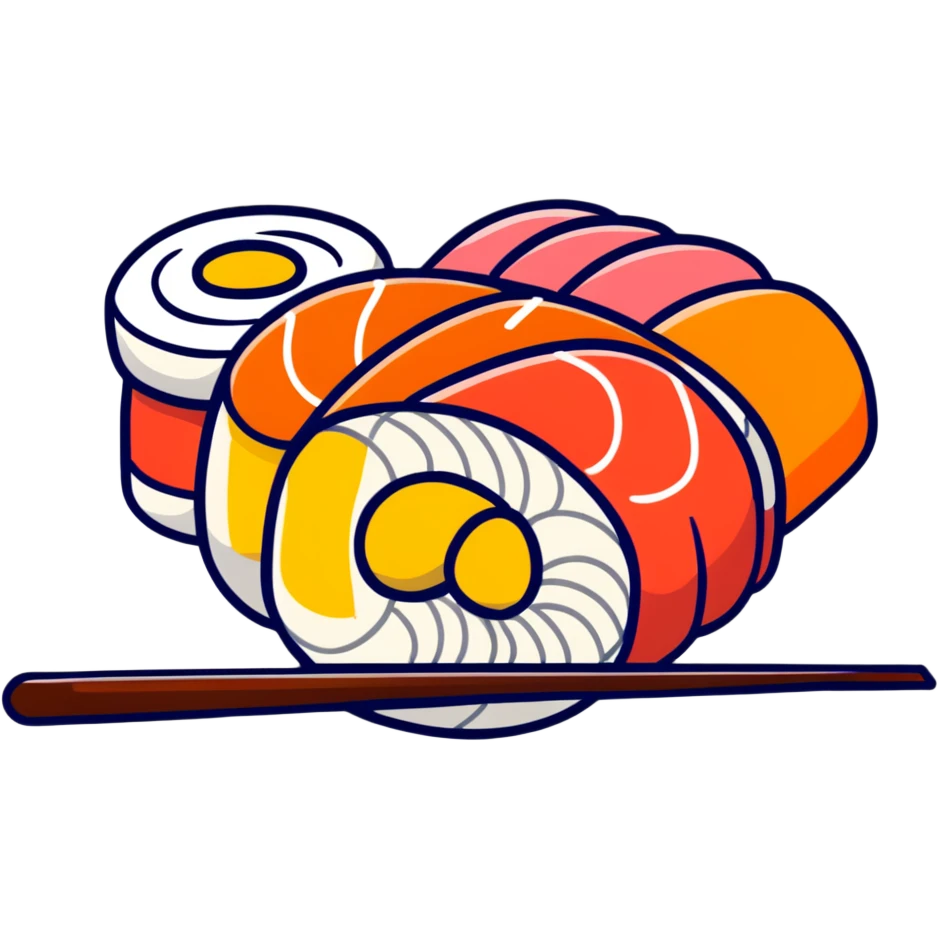 скатерть-самобранка with Japanese dishes like sushi, ramen, and mochi emoji