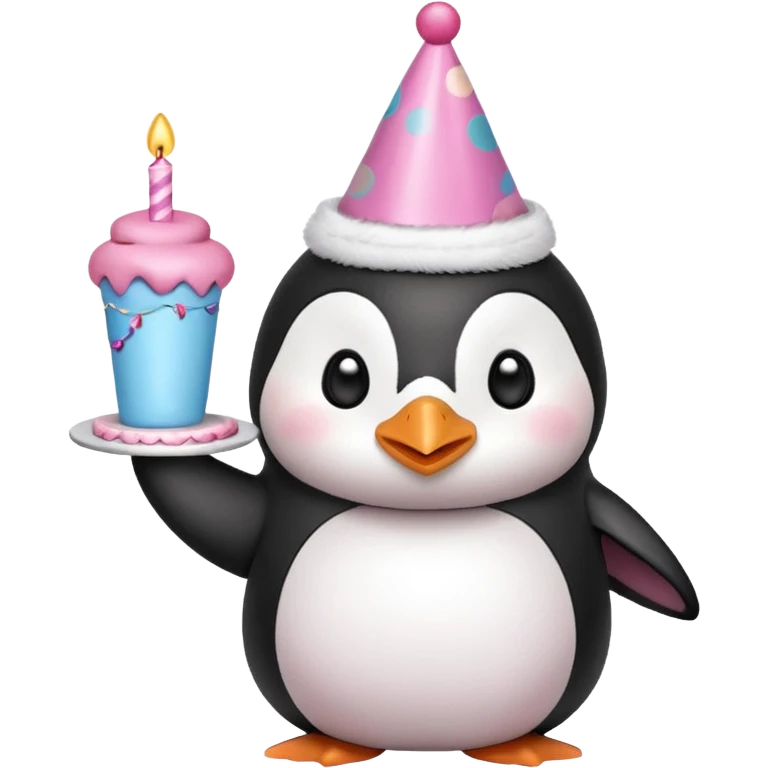cute penguin  hold a birthday cake in both arms with pink birthday hat emoji