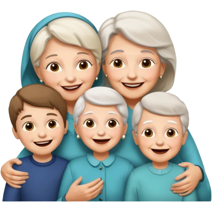 two kids (1 boy and 1 girl) with their mother and grand mother smiling emoji