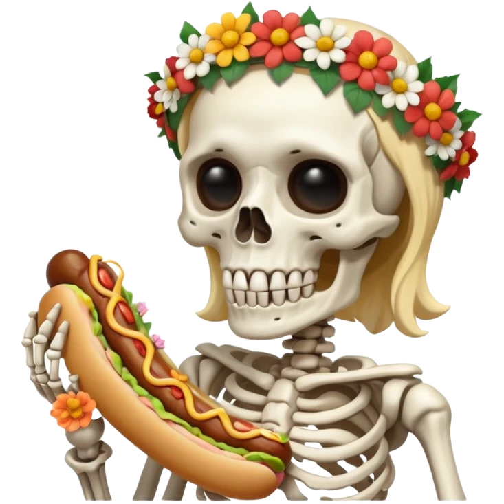skeleteon with floweer on head with hotdog emoji