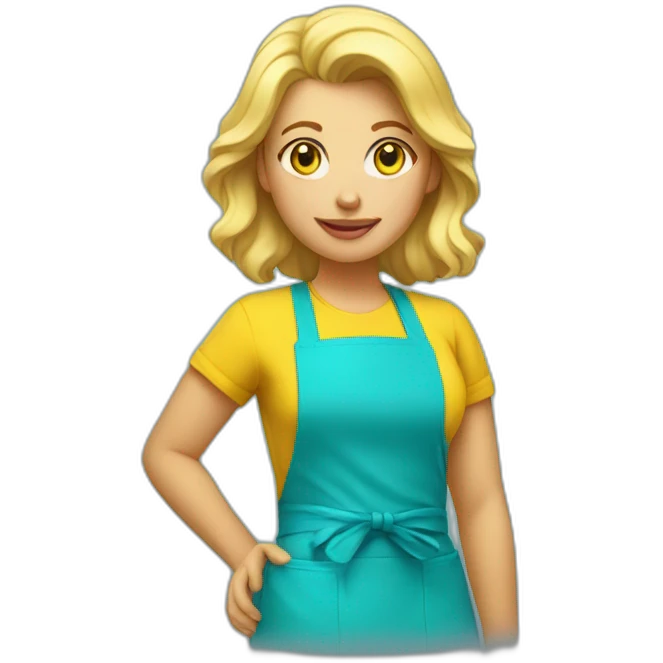 blonde woman with a cyan colored apron and a yellow t-shirt emoji