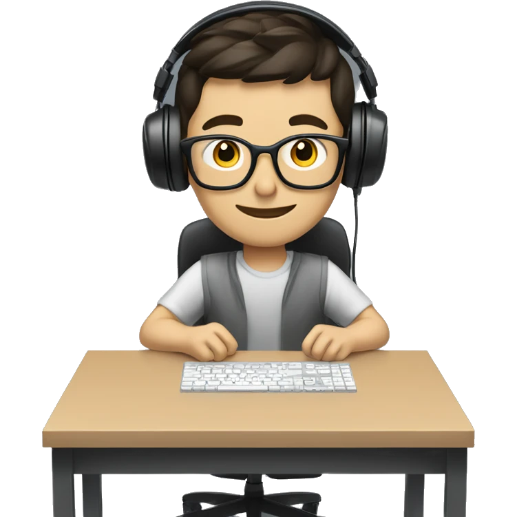 white boy with dark hair and glasses wearing gaming headset and sitting at desk on desktop computer   emoji