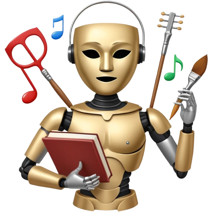 A metallic humanoid figure whose torso is a circle divided into 4 clear segments, each segment containing a distinct icon: paintbrush (visual arts), music note (musical arts), theater masks (theatrical arts), and an open book (literary arts) emoji