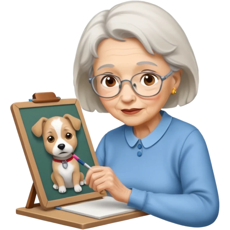 An elderly woman sketching, art board,nice picture, puppy face. emoji
