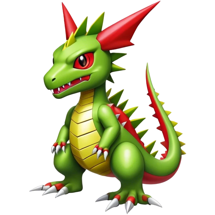 Cool edgy cute shiny futuristic Guilmon-Flygon-Tyranitar-Digimon-hybrid-fusion, yellow belly, full body emoji