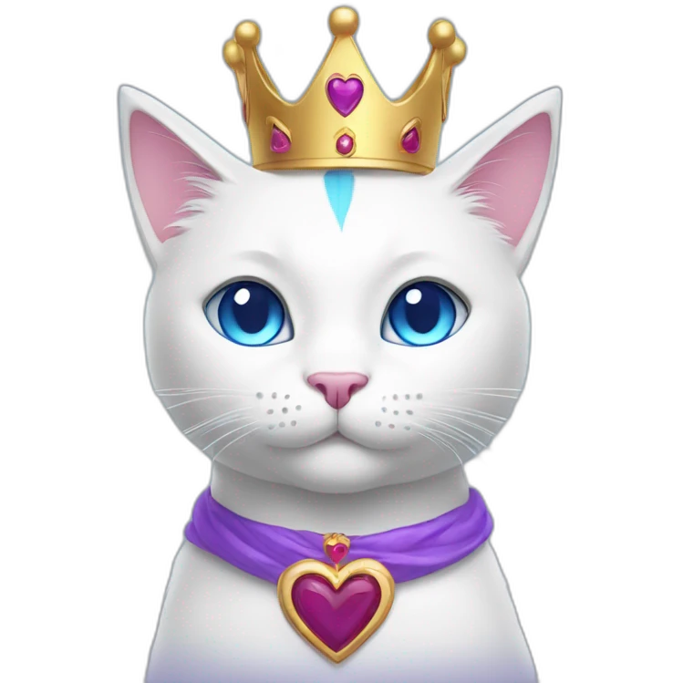 white cat with blue eyes, a purple heart and a crown on her head emoji