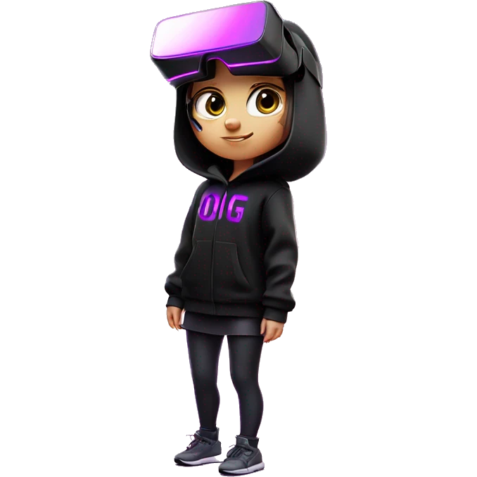 Russian girl wearing black hoody with violet letters "OMG", in vr headset oculus quest2. Standing like jedi. Cyberpunk style. Violet neon. emoji