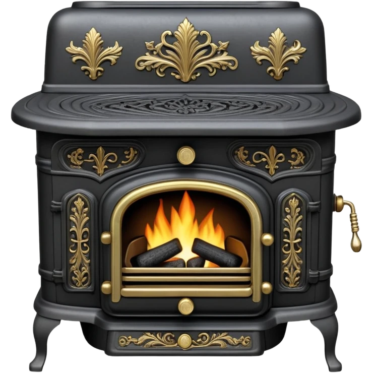 An antique cast iron coal stove from the 1900s with ornate details, small fire visible inside, black metal with brass accents emoji