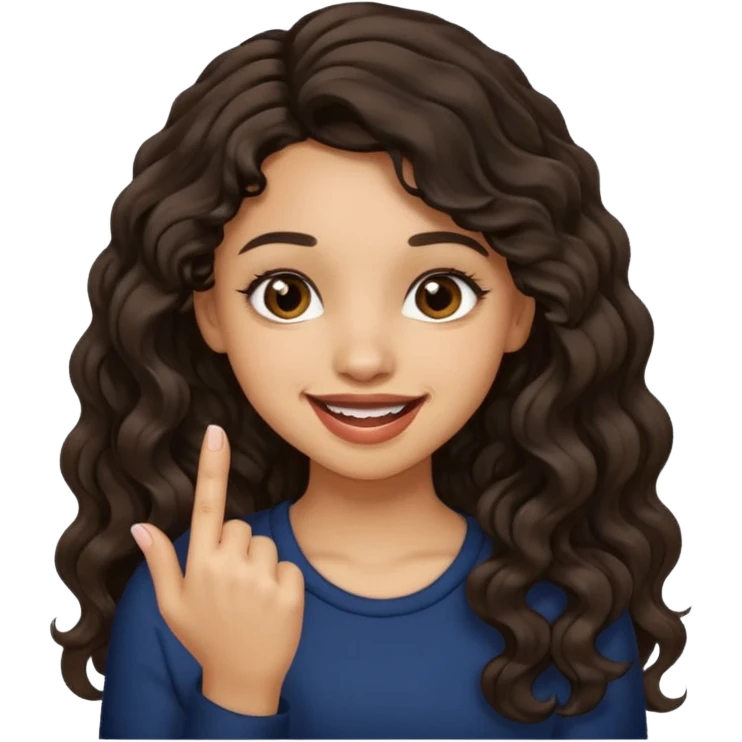 a light skin girl w black slight brown really tall wavy hair biting one fingering and smiling (in a flirty way) with big brown pretty eyes emoji
