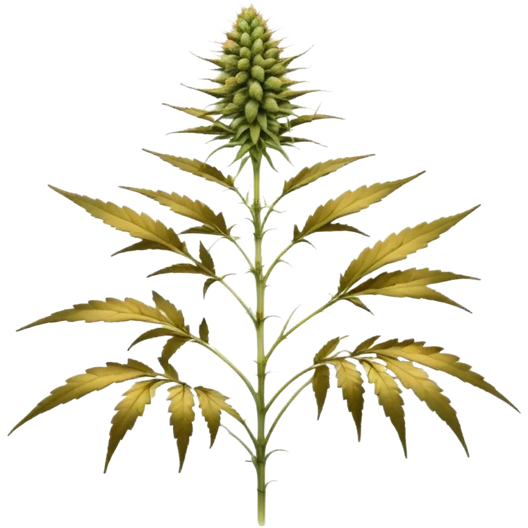 small cannabis plant at late harvest stage, modestly sized, uneven growth structure, thin branches supporting medium size buds, leaves showing natural discoloration in shades of yellow and brown, clearly visible trichomes with amber hues, resin-coated buds ready for harvest,  emoji