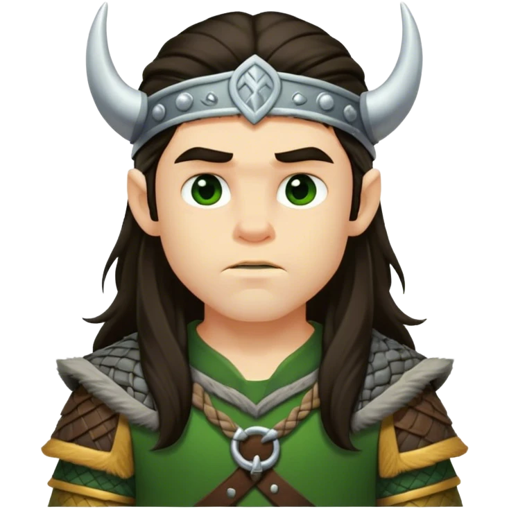 Viking boy long dark hair green and gold emoji