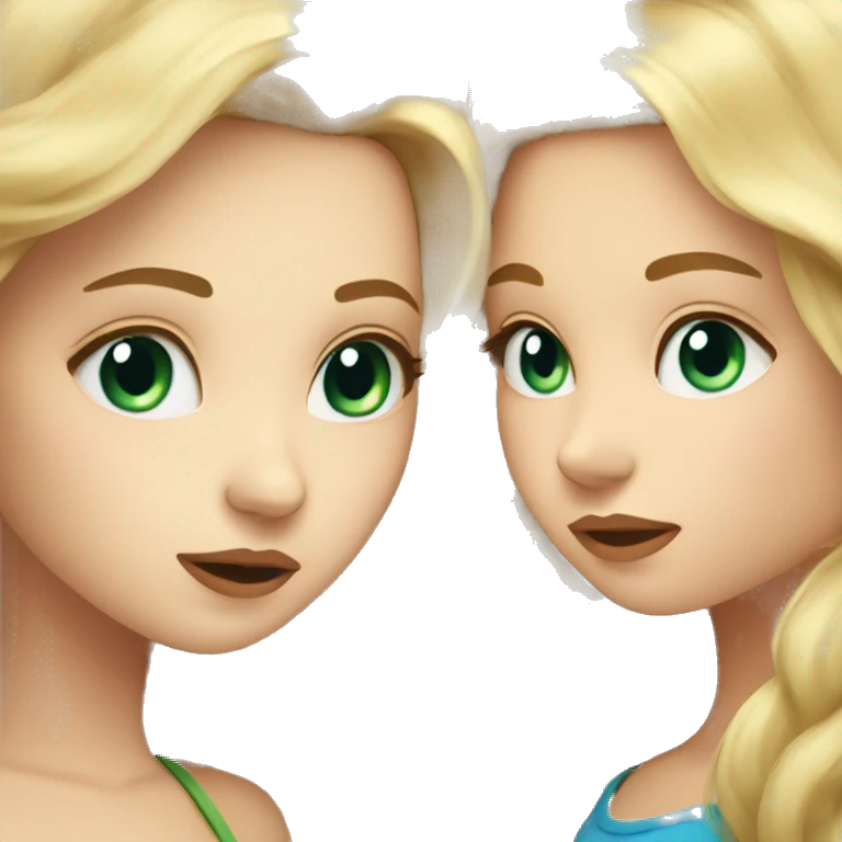 blonde girl with blue eyes kisses girl with long brown hair and green eyes emoji