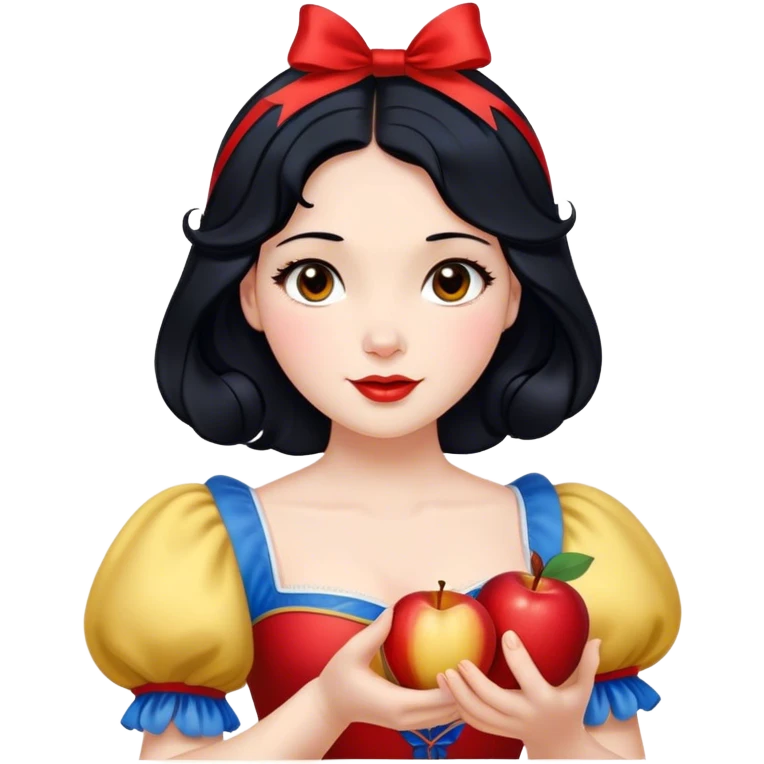 Cinematic Realistic Snow White Portrait, depicted with lifelike skin texture, soft natural lighting, and intricately detailed black hair styled with a red ribbon. Her soft brown eyes radiate innocence and kindness, complemented by a warm, gentle smile. She holds an apple in one hand, her other hand resting against her cheek, embodying her purity and charm. She is dressed in her classic yellow, blue, and red gown, the fabric rich in texture with delicate folds that catch the light beautifully. The portrait features a soft, natural glow with a radiant finish, capturing the essence of timeless beauty in a realistic and painterly style. emoji