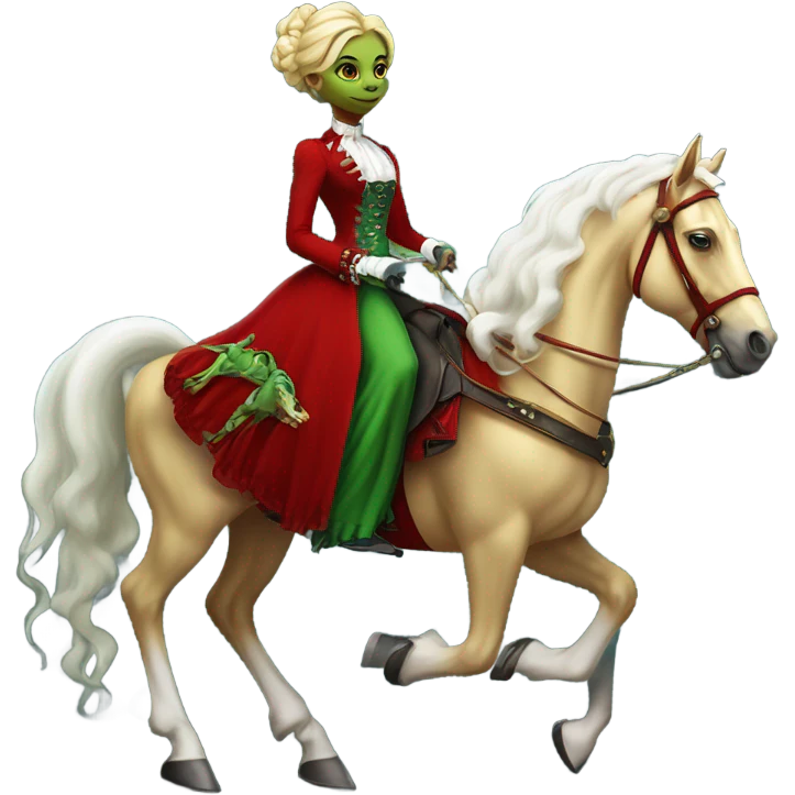 "galora green blonde alien woman" in red Victorian elegant dress, full body, rides horse gold and white
 emoji