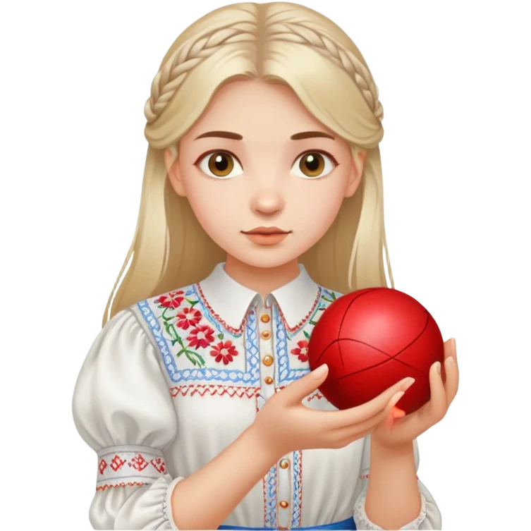 A young Ukrainian girl in a white embroidered shirt holds a ball of thread in her hand emoji