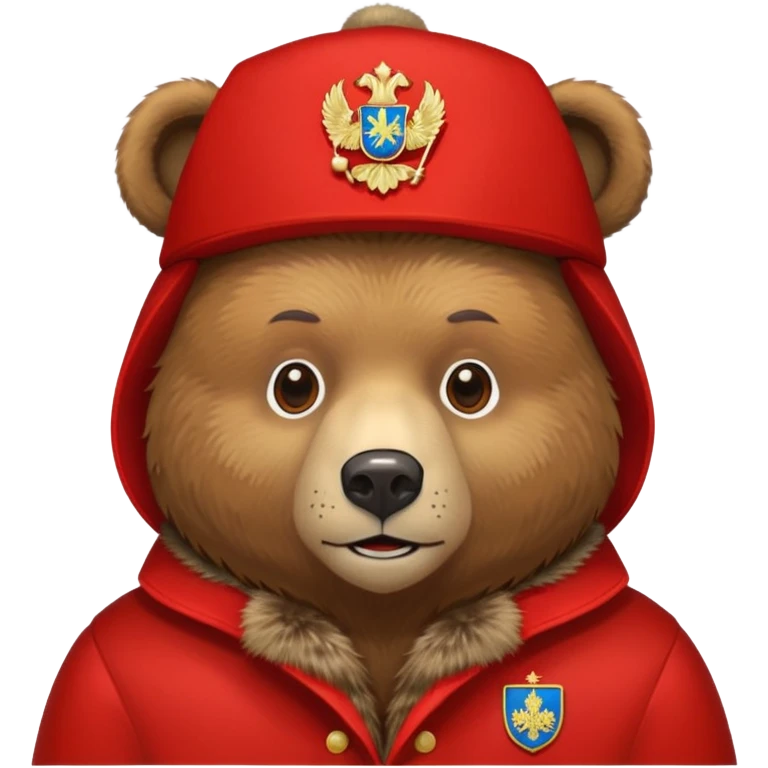 Russian brown bear wearing a red ushanka hat with Russian coat of arms emblem, front view, iOS emoji style emoji