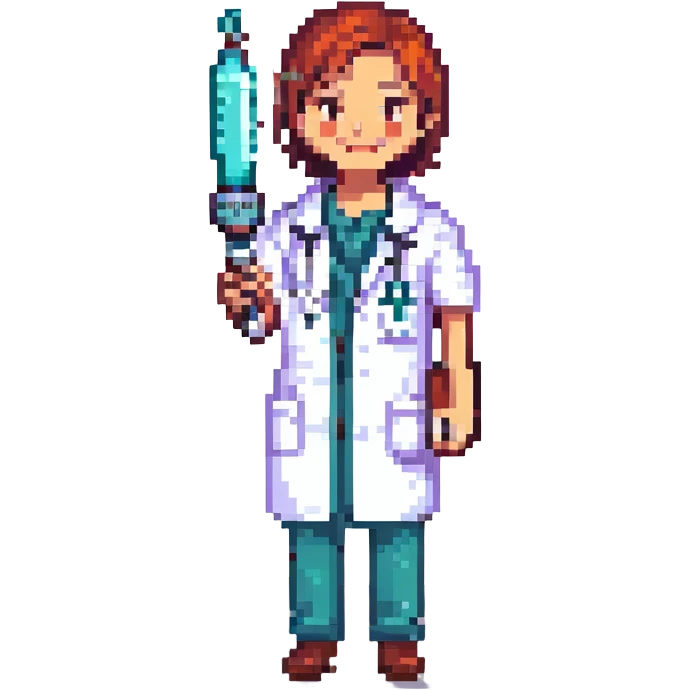 happy doctor holding a syringe, pixel art style emoji