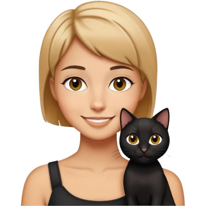 Short haired tan girl with black cat emoji