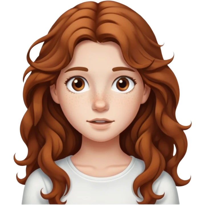 teenage girl with long wavy brown hair, freckles, white top emoji