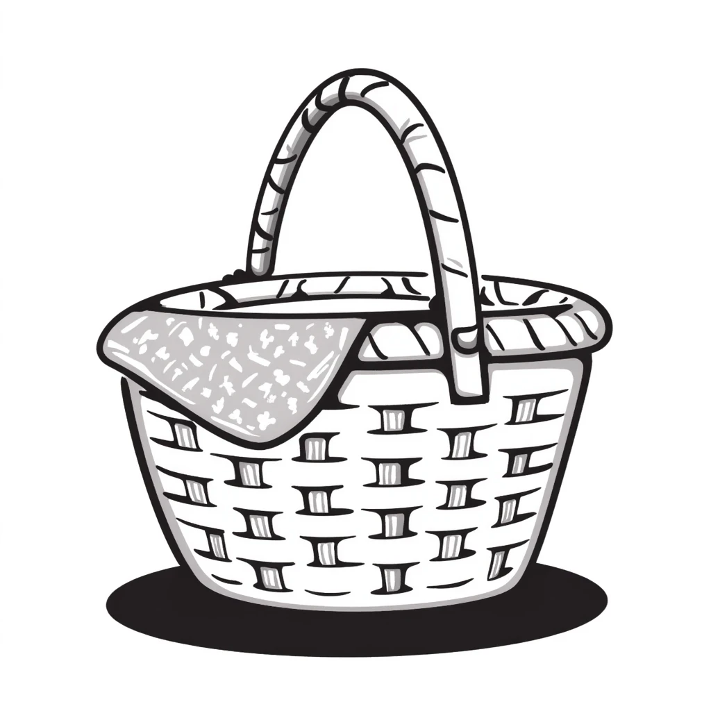 A wicker picnic basket with handle and some picnic items peeking out in pastel colors (dd9fb0, ffc6d3, a3bfc9, c4bee2, f1b091), hand-drawn doodle style emoji