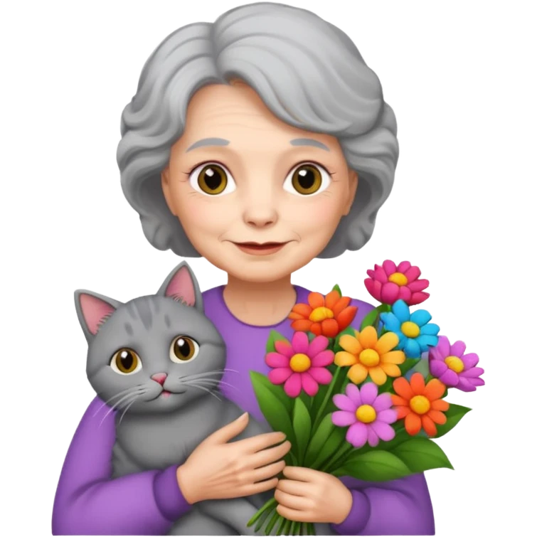 old woman holding bouqet and cat emoji