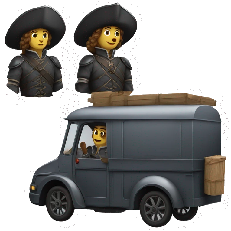 17th century musketeers driving mail truck, 1 male & 2 females emoji